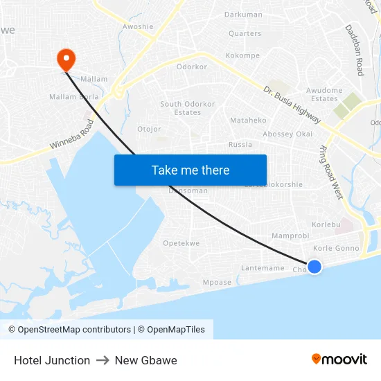 Hotel Junction to New Gbawe map