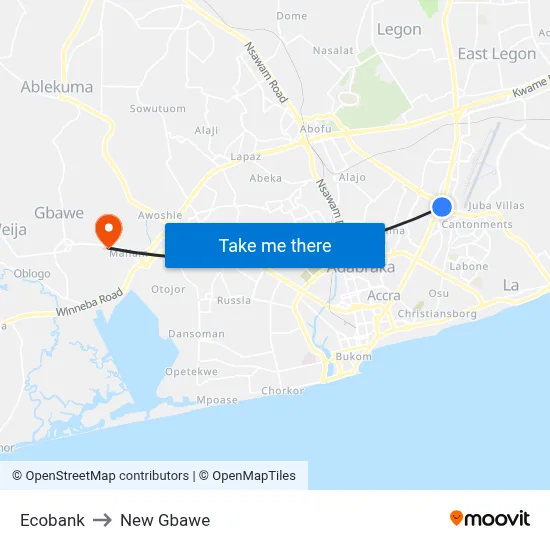 Ecobank to New Gbawe map
