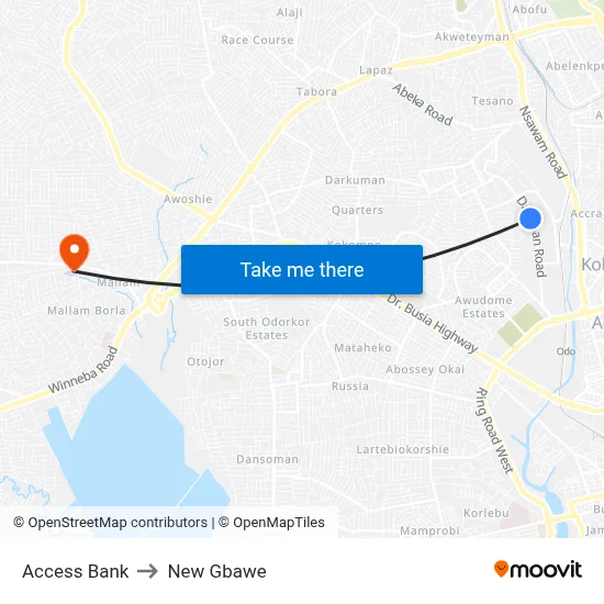 Access Bank to New Gbawe map