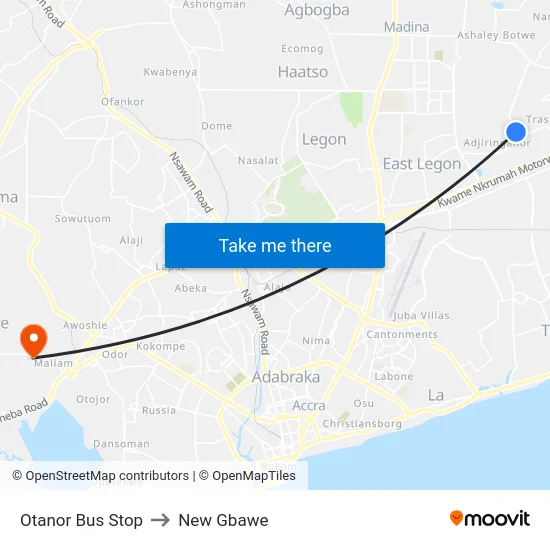 Otanor Bus Stop to New Gbawe map