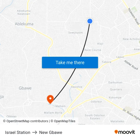 Israel Station to New Gbawe map