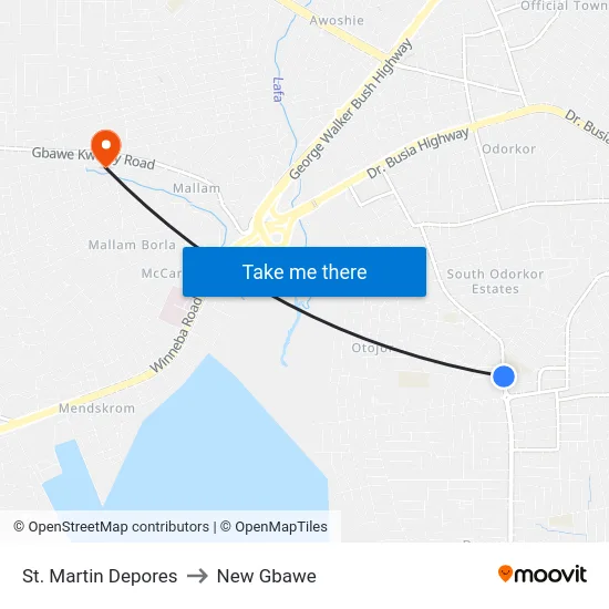 St. Martin Depores to New Gbawe map