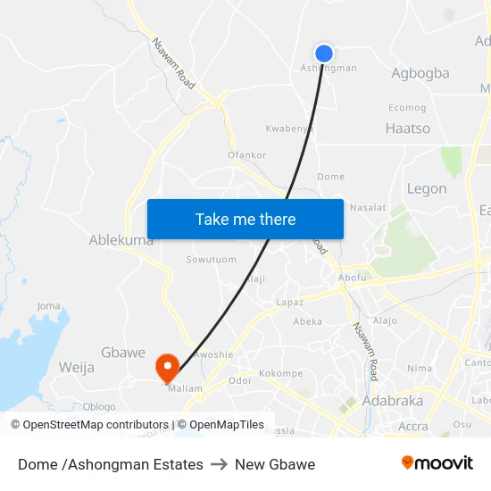 Dome /Ashongman Estates to New Gbawe map