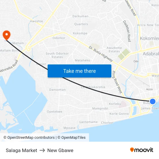 Salaga Market to New Gbawe map