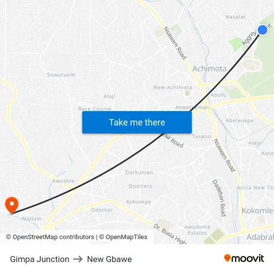 Gimpa Junction to New Gbawe map
