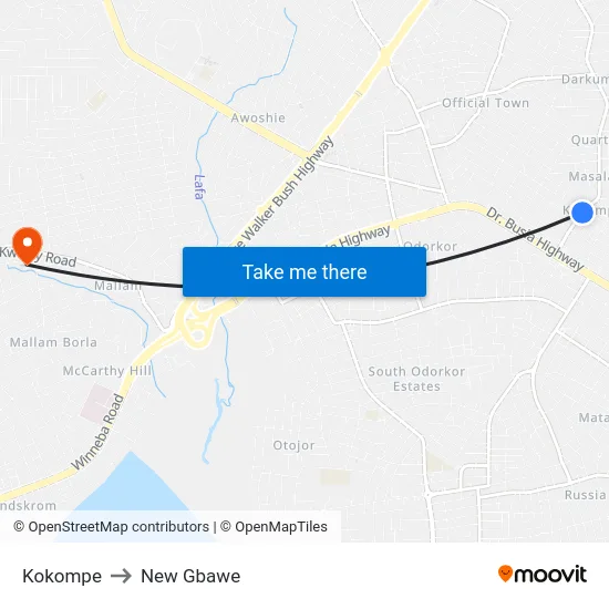 Kokompe to New Gbawe map