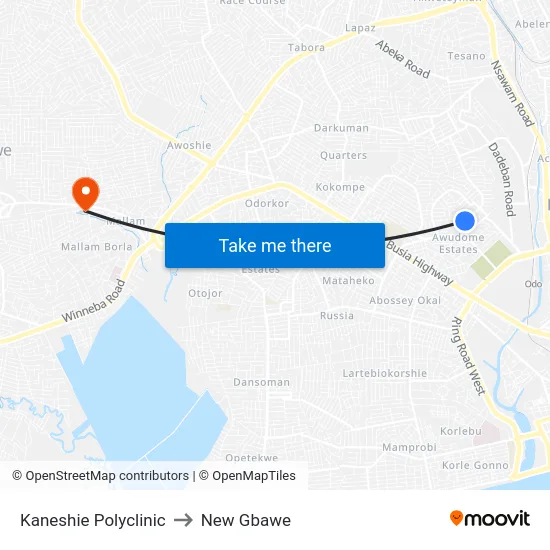 Kaneshie Polyclinic to New Gbawe map