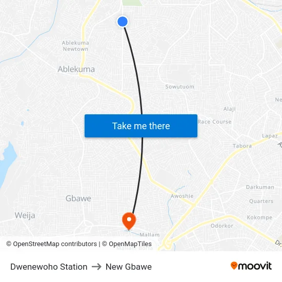 Dwenewoho Station to New Gbawe map
