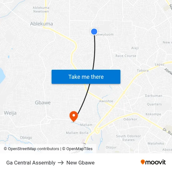 Ga Central Assembly to New Gbawe map