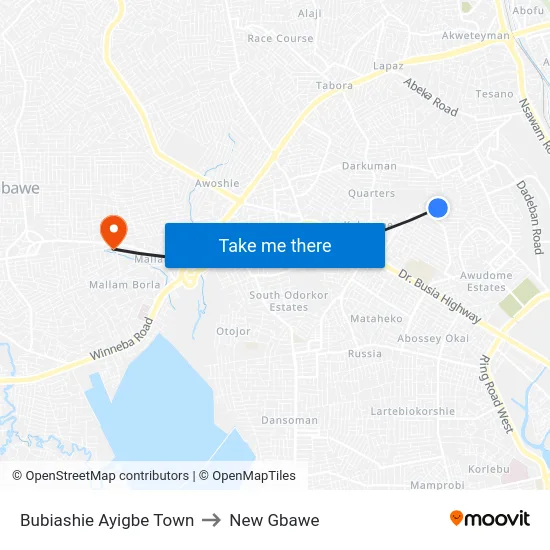 Bubiashie Ayigbe Town to New Gbawe map