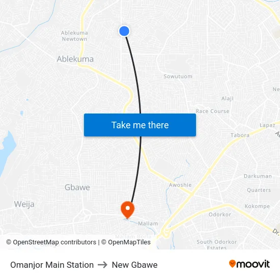 Omanjor Main Station to New Gbawe map