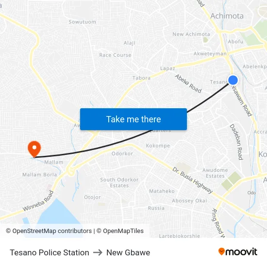 Tesano Police Station to New Gbawe map