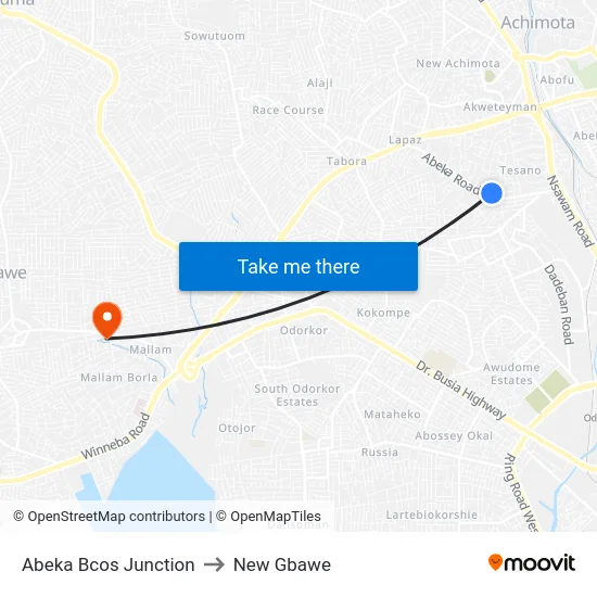 Abeka Bcos Junction to New Gbawe map