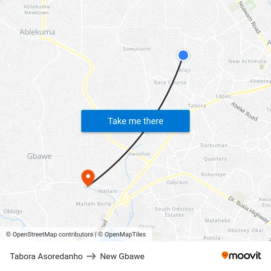 Tabora Asoredanho to New Gbawe map