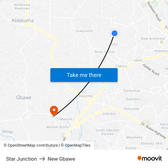 Star Junction to New Gbawe map