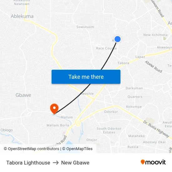Tabora Lighthouse to New Gbawe map