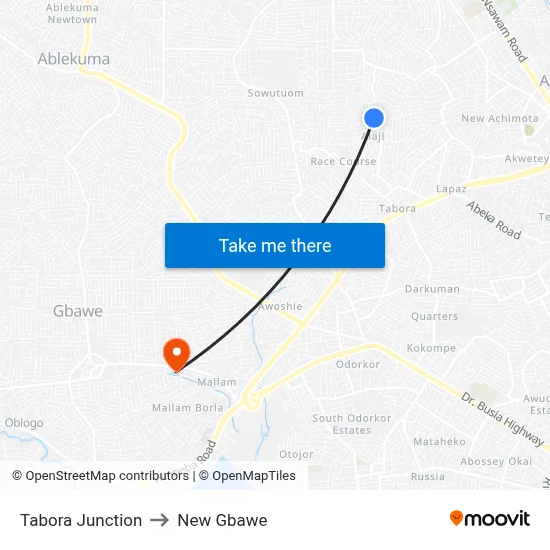 Tabora Junction to New Gbawe map