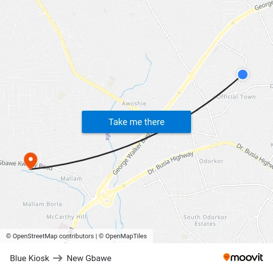 Blue Kiosk to New Gbawe map