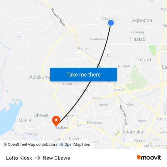 Lotto Kiosk to New Gbawe map