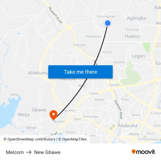 Melcom to New Gbawe map