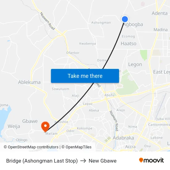 Bridge (Ashongman Last Stop) to New Gbawe map