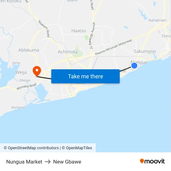 Nungua Market to New Gbawe map