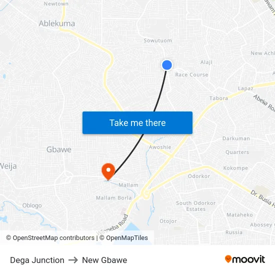 Dega Junction to New Gbawe map