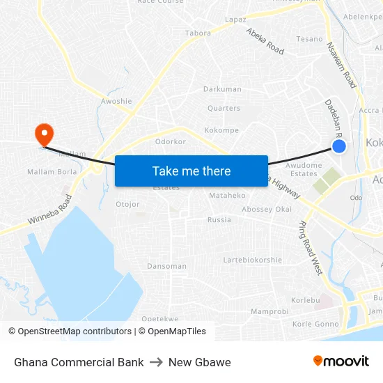 Ghana Commercial Bank to New Gbawe map