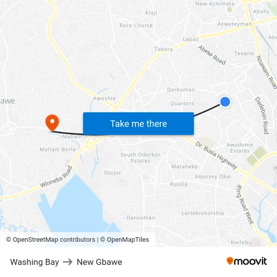 Washing Bay to New Gbawe map