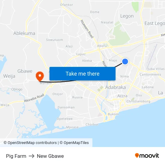 Pig Farm to New Gbawe map