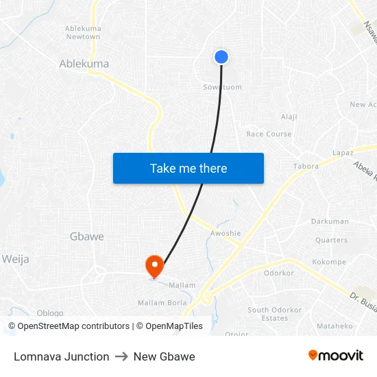 Lomnava Junction to New Gbawe map