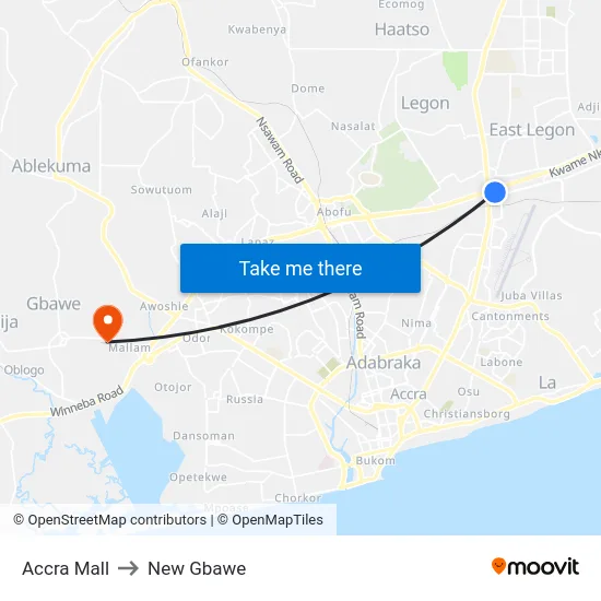 Accra Mall to New Gbawe map
