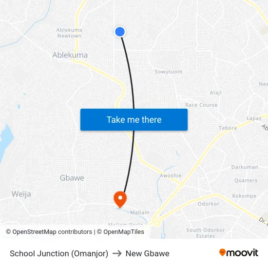 School Junction (Omanjor) to New Gbawe map