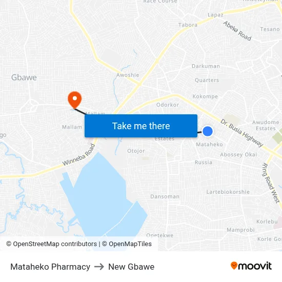 Mataheko Pharmacy to New Gbawe map