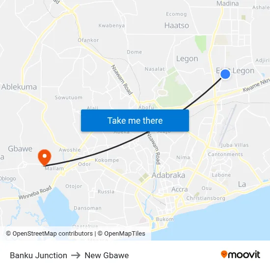 Banku Junction to New Gbawe map