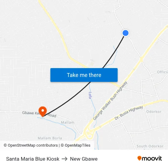 Santa Maria Blue Kiosk to New Gbawe map