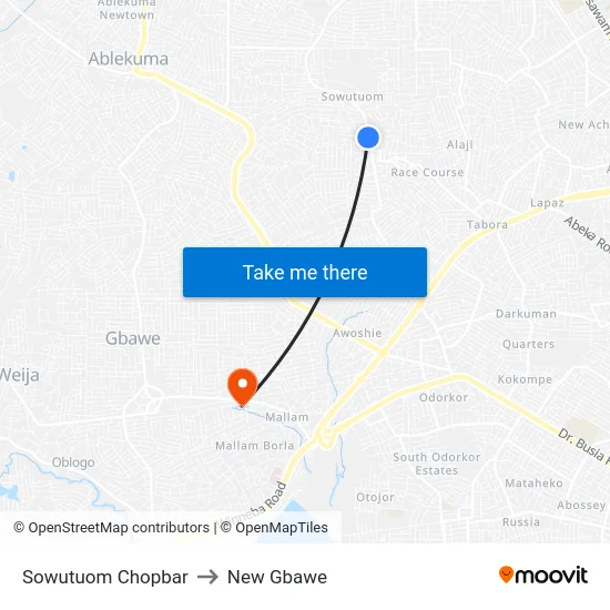 Sowutuom Chopbar to New Gbawe map