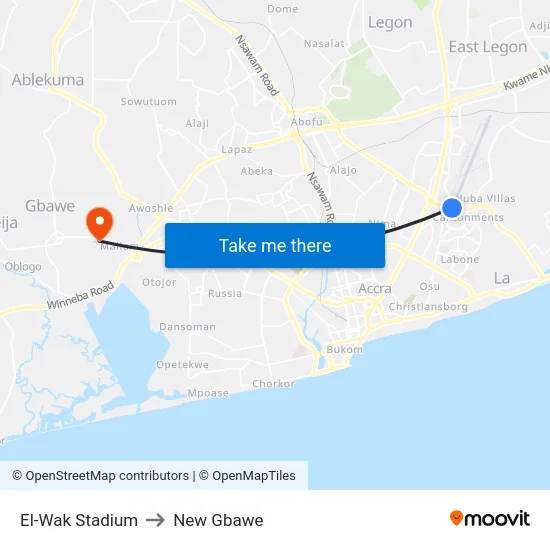 El-Wak Stadium to New Gbawe map