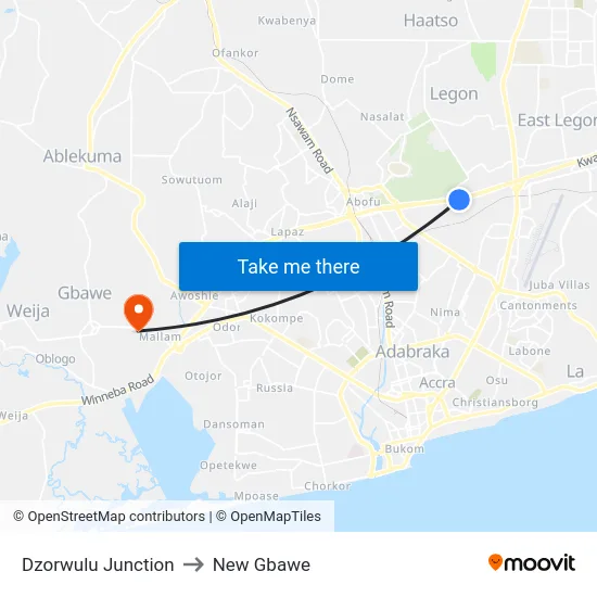 Dzorwulu Junction to New Gbawe map