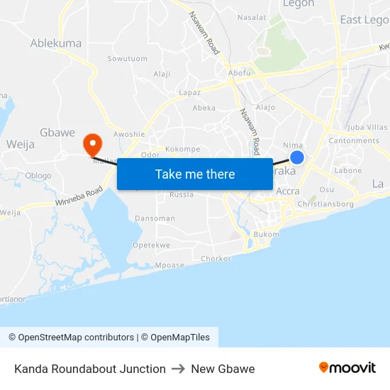 Kanda Roundabout Junction to New Gbawe map