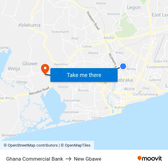 Ghana Commercial Bank to New Gbawe map