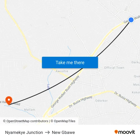 Nyamekye Junction to New Gbawe map