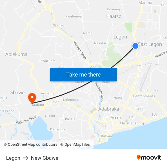 Legon to New Gbawe map