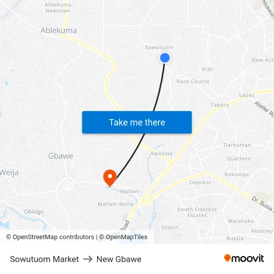 Sowutuom Market to New Gbawe map