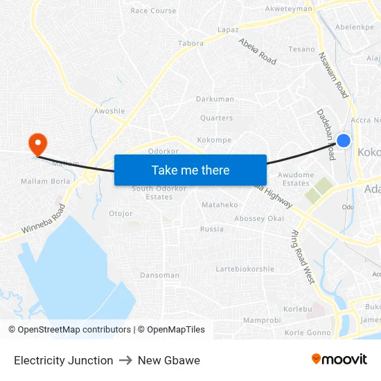Electricity Junction to New Gbawe map
