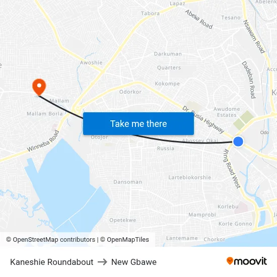 Kaneshie Roundabout to New Gbawe map