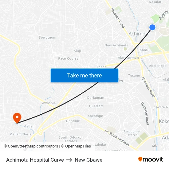 Achimota Hospital Curve to New Gbawe map