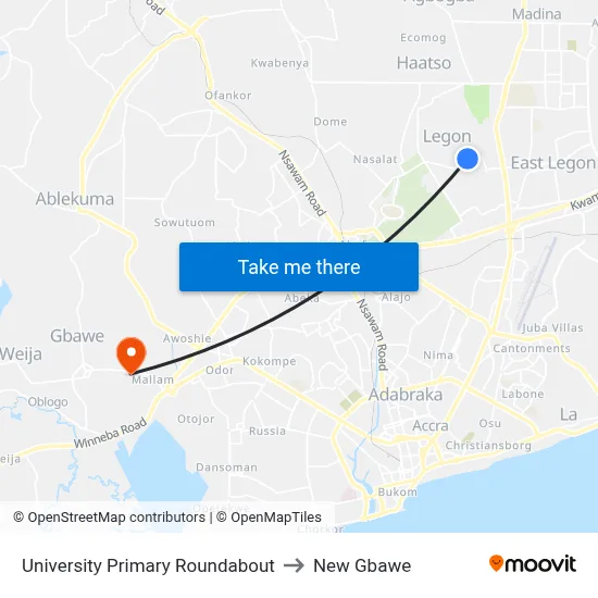 University Primary Roundabout to New Gbawe map