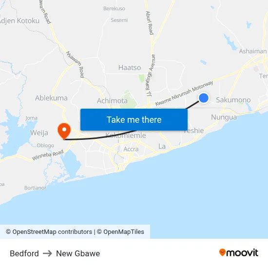 Bedford to New Gbawe map