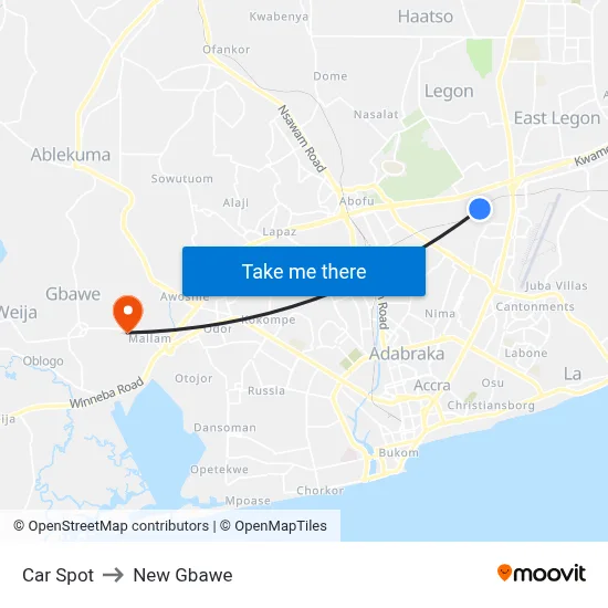Car Spot to New Gbawe map